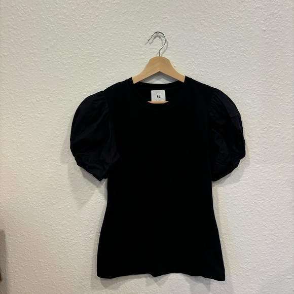 Goop G label Christopher poplin puff sleeve top in black - Picture 2 of 7